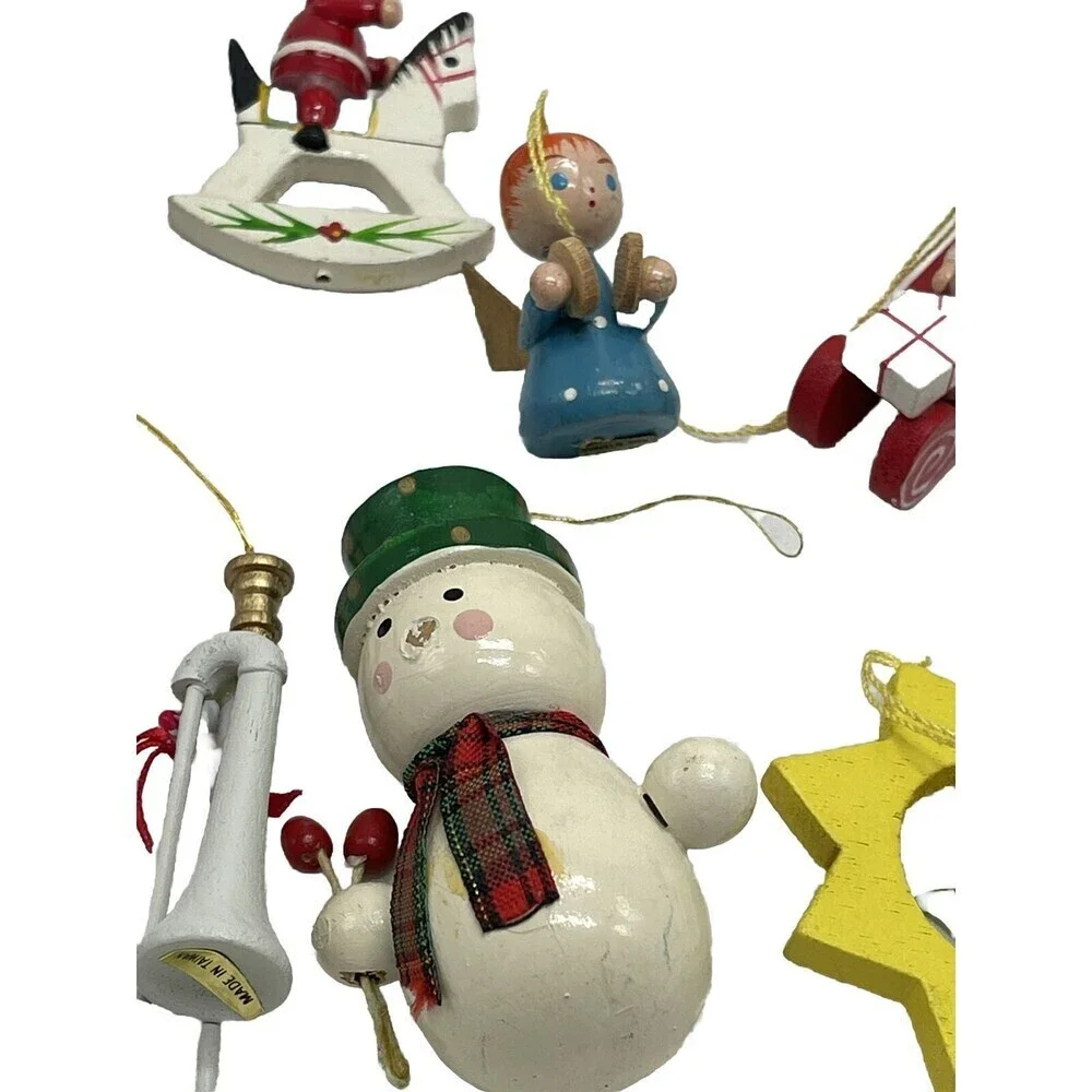 Lot 15 Christmas Ornaments Wood Vintage Mini Wooden Painted Angel Drum Snowman